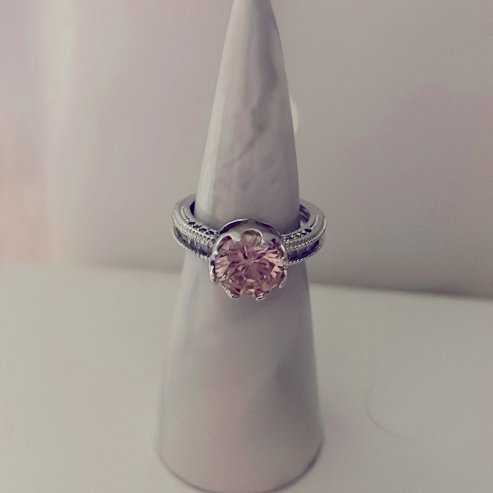Round Pink Gemstone Tall Crown Setting, Crystal Band Costume Jewelry Ring 7